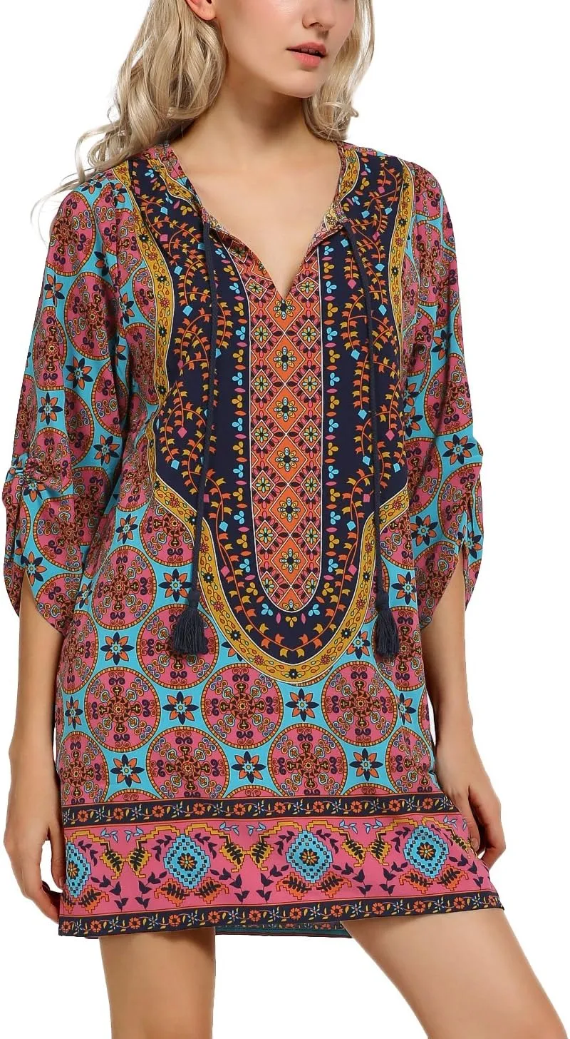Women Bohemian Neck Tie Vintage Printed Ethnic Style Summer Shift Dress