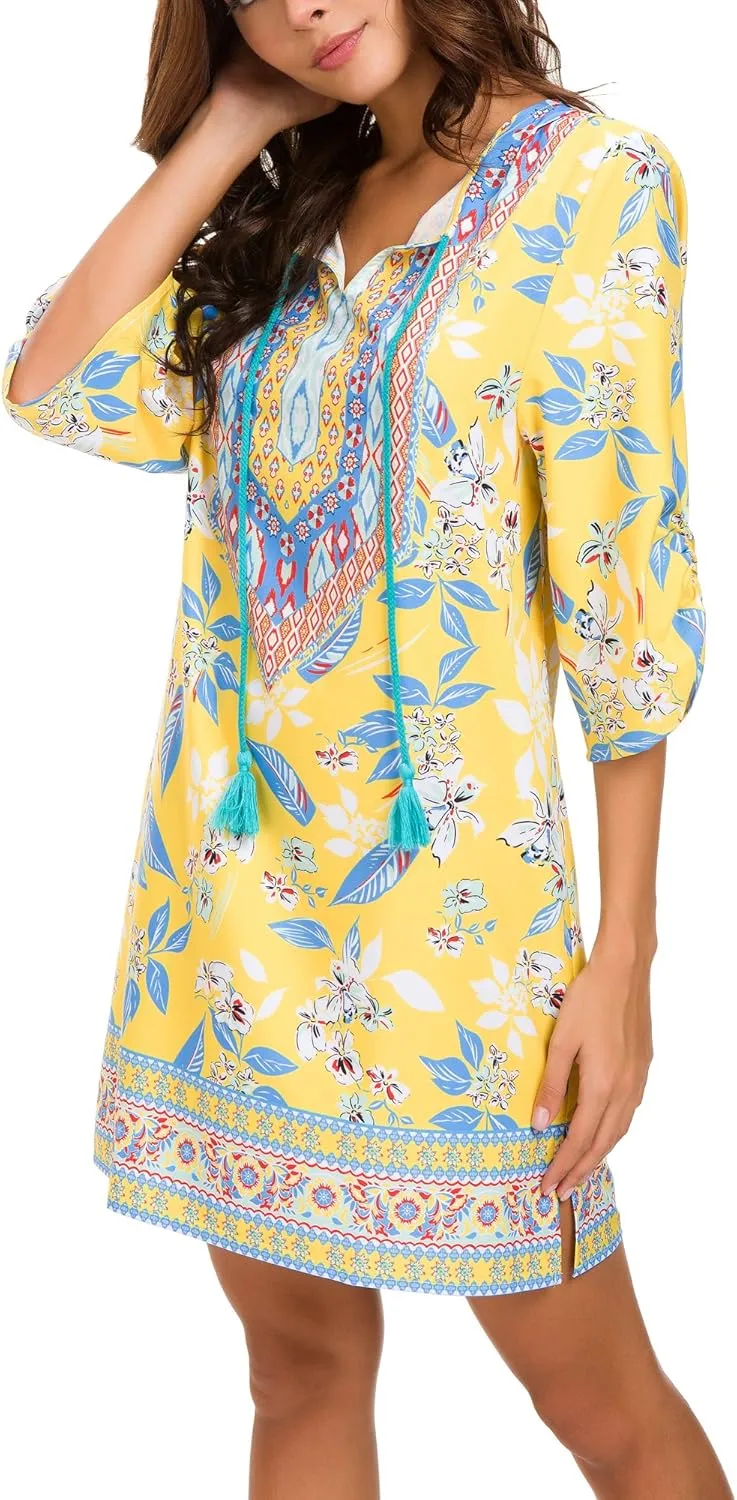 Women Bohemian Neck Tie Vintage Printed Ethnic Style Summer Shift Dress