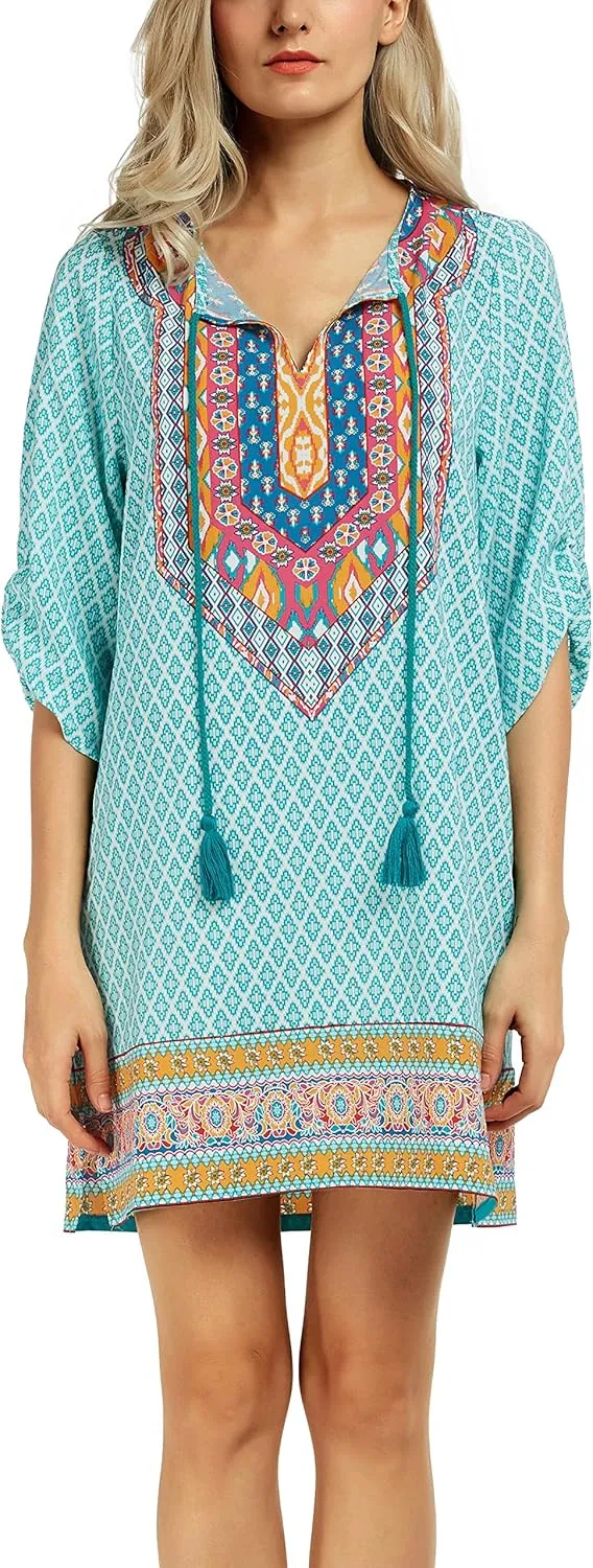 Women Bohemian Neck Tie Vintage Printed Ethnic Style Summer Shift Dress