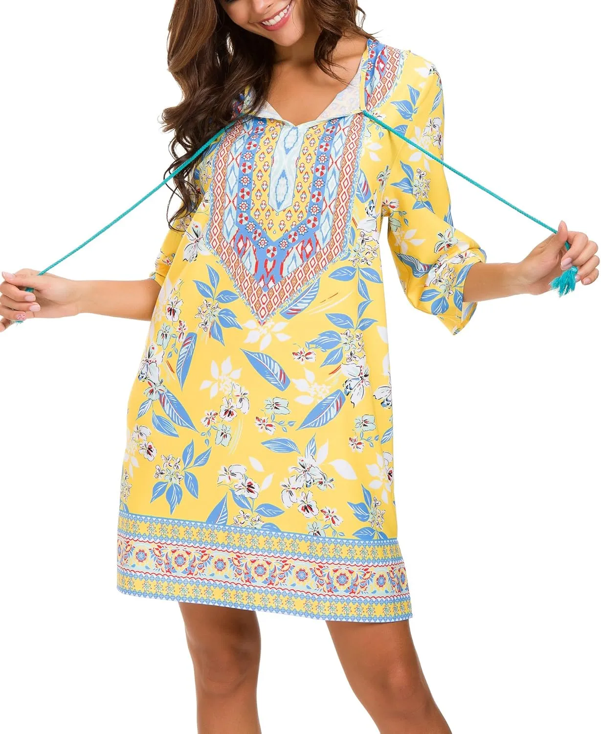 Women Bohemian Neck Tie Vintage Printed Ethnic Style Summer Shift Dress