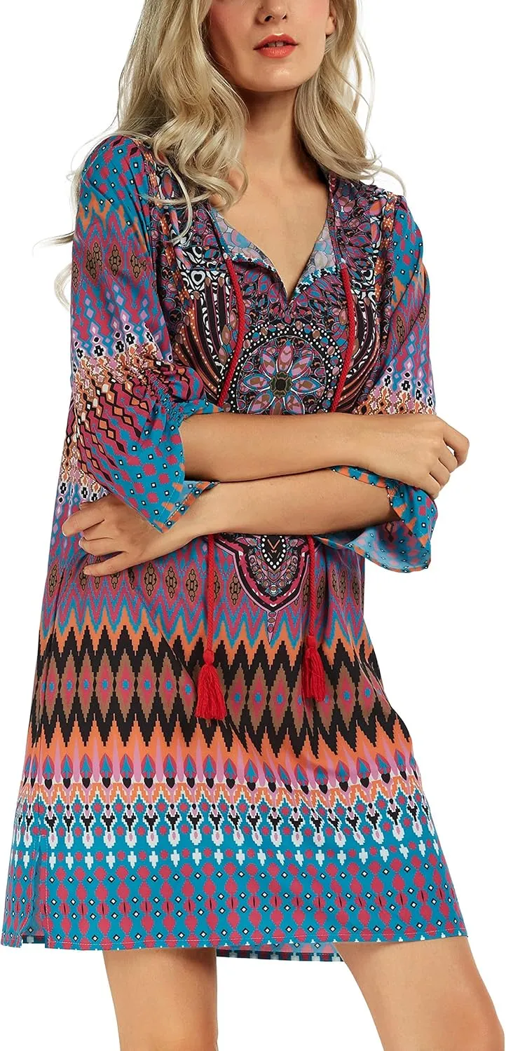 Women Bohemian Neck Tie Vintage Printed Ethnic Style Summer Shift Dress