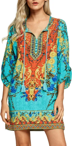 Women Bohemian Neck Tie Vintage Printed Ethnic Style Summer Shift Dress