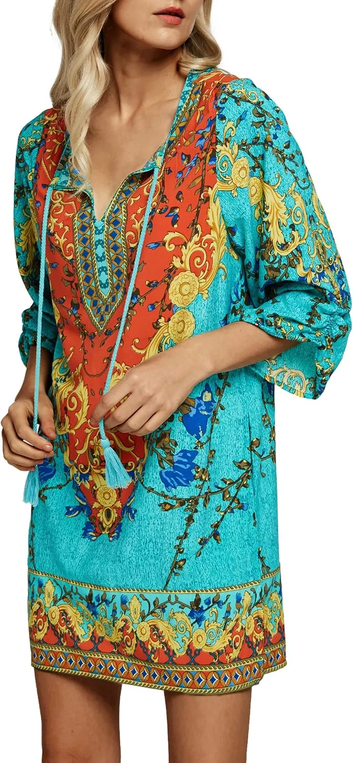 Women Bohemian Neck Tie Vintage Printed Ethnic Style Summer Shift Dress