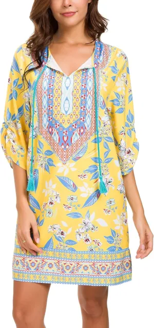 Women Bohemian Neck Tie Vintage Printed Ethnic Style Summer Shift Dress