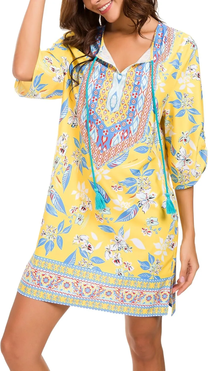 Women Bohemian Neck Tie Vintage Printed Ethnic Style Summer Shift Dress