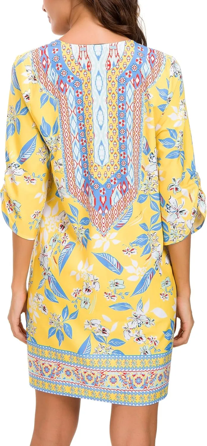 Women Bohemian Neck Tie Vintage Printed Ethnic Style Summer Shift Dress
