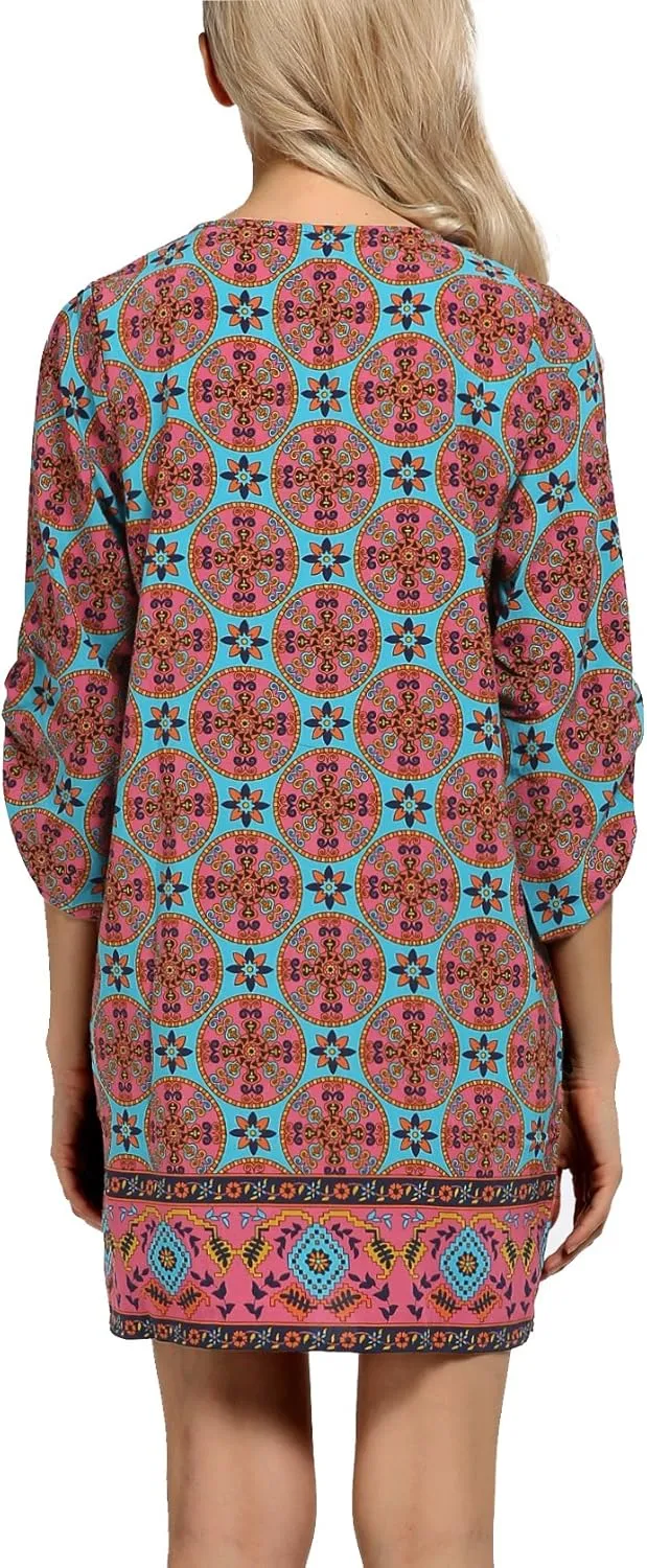 Women Bohemian Neck Tie Vintage Printed Ethnic Style Summer Shift Dress