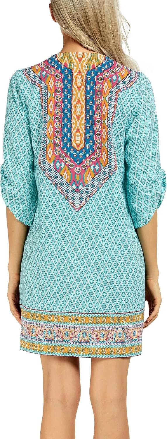 Women Bohemian Neck Tie Vintage Printed Ethnic Style Summer Shift Dress