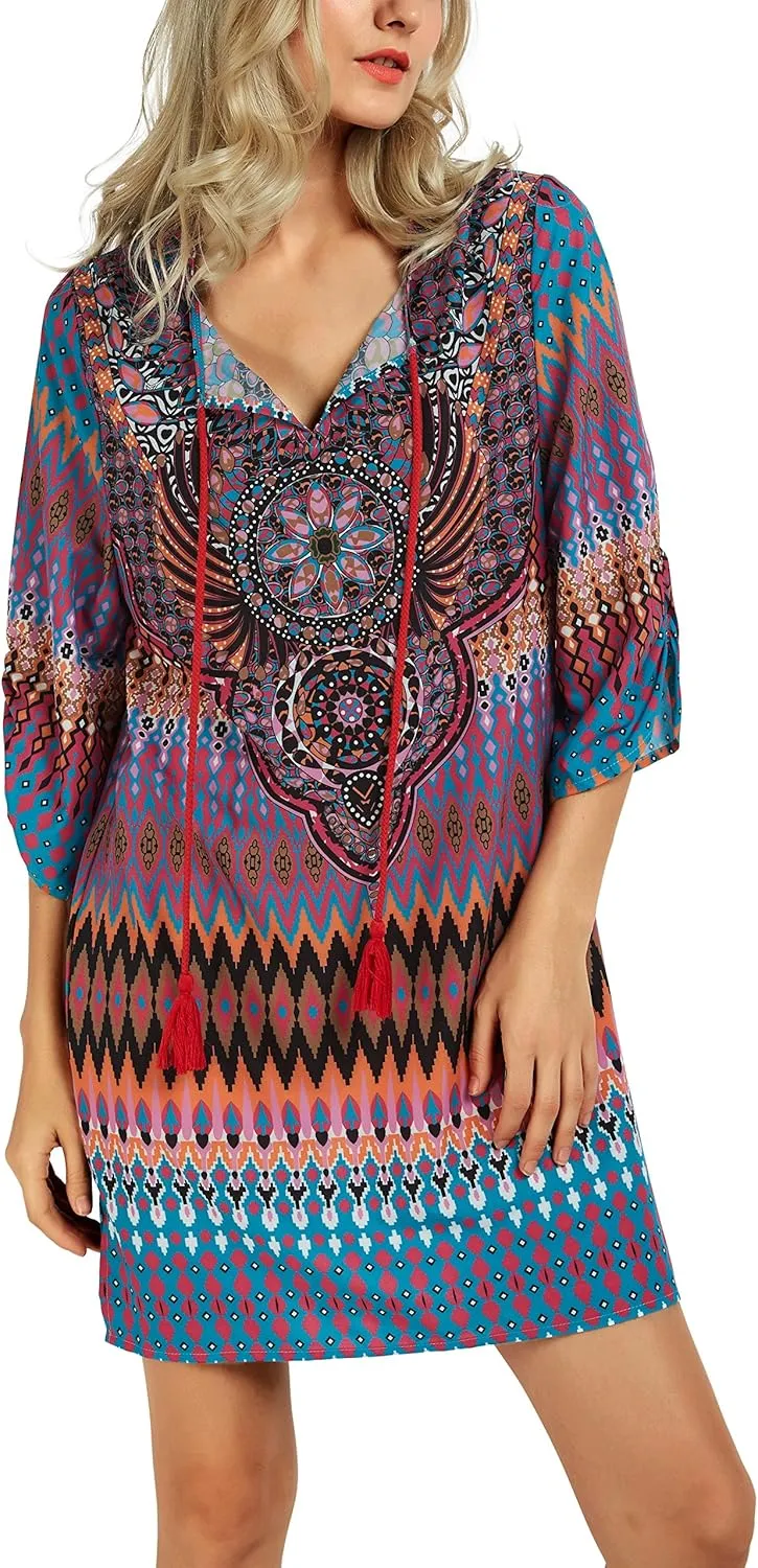 Women Bohemian Neck Tie Vintage Printed Ethnic Style Summer Shift Dress
