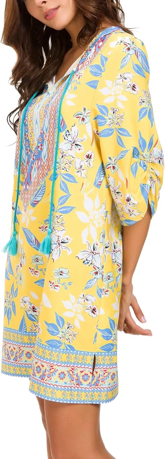 Women Bohemian Neck Tie Vintage Printed Ethnic Style Summer Shift Dress