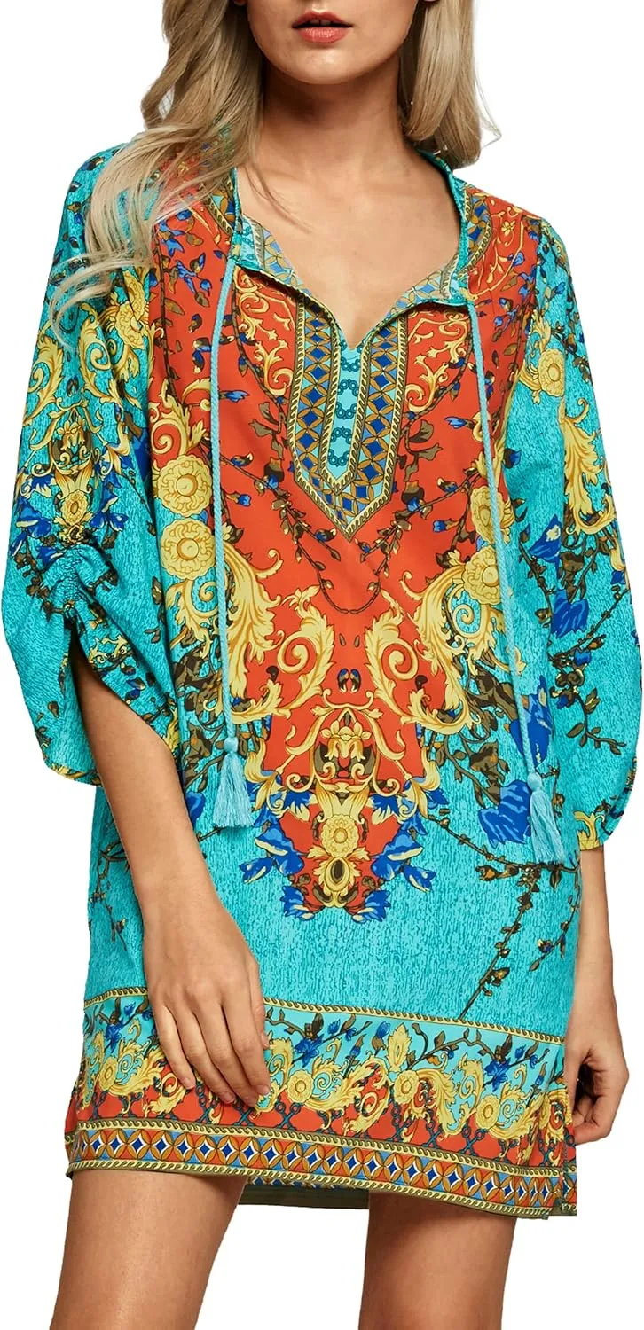 Women Bohemian Neck Tie Vintage Printed Ethnic Style Summer Shift Dress