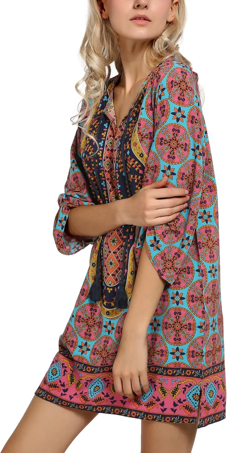 Women Bohemian Neck Tie Vintage Printed Ethnic Style Summer Shift Dress