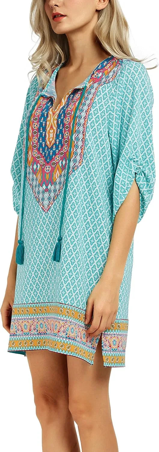 Women Bohemian Neck Tie Vintage Printed Ethnic Style Summer Shift Dress