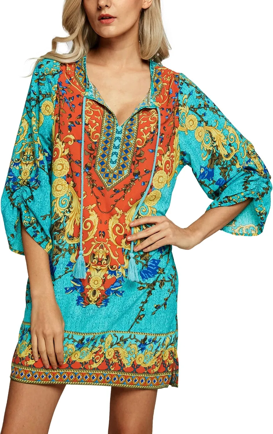 Women Bohemian Neck Tie Vintage Printed Ethnic Style Summer Shift Dress