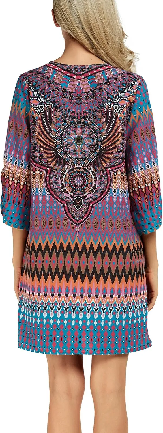 Women Bohemian Neck Tie Vintage Printed Ethnic Style Summer Shift Dress