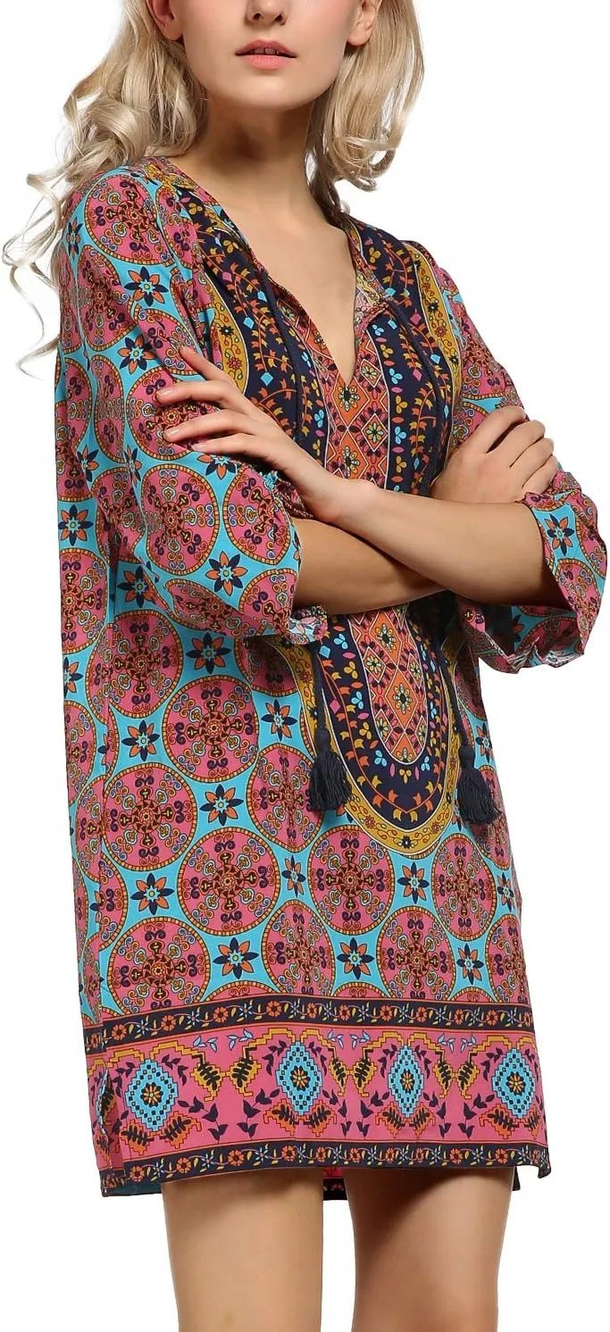 Women Bohemian Neck Tie Vintage Printed Ethnic Style Summer Shift Dress