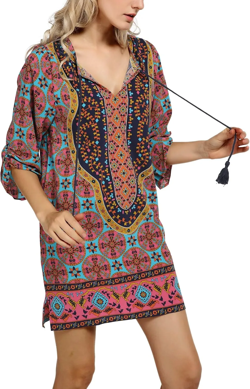 Women Bohemian Neck Tie Vintage Printed Ethnic Style Summer Shift Dress