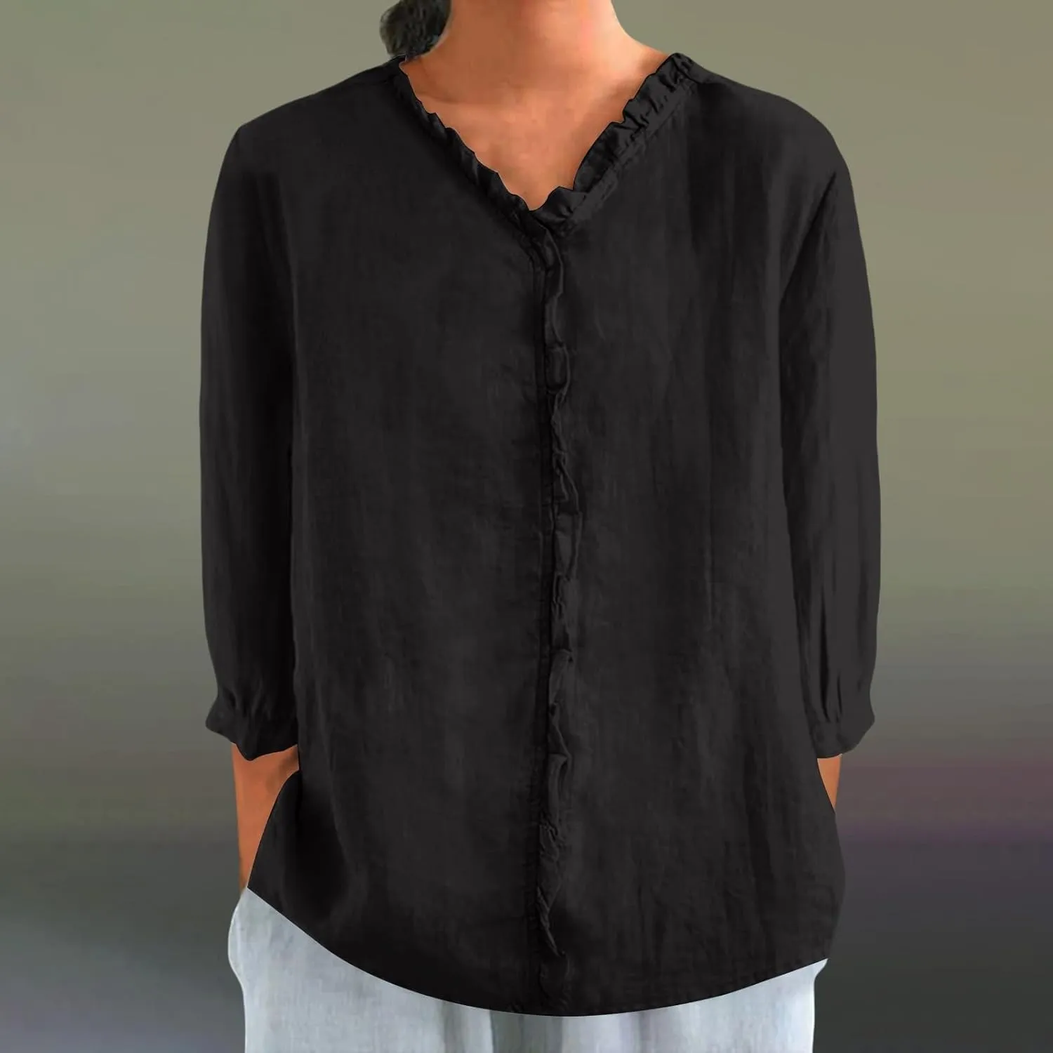 Women Cotton Linen Shirts Casual 3/4 Sleeve Frill Neck Pullover Blouses for Summer Dressy Solid Gauze Tunic Tops