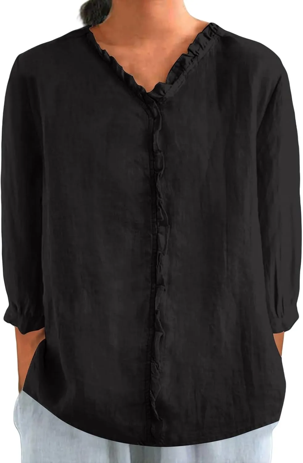 Women Cotton Linen Shirts Casual 3/4 Sleeve Frill Neck Pullover Blouses for Summer Dressy Solid Gauze Tunic Tops
