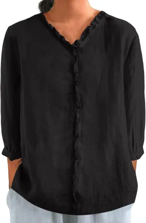 Women Cotton Linen Shirts Casual 3/4 Sleeve Frill Neck Pullover Blouses for Summer Dressy Solid Gauze Tunic Tops