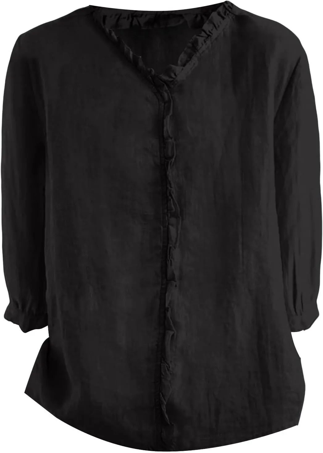 Women Cotton Linen Shirts Casual 3/4 Sleeve Frill Neck Pullover Blouses for Summer Dressy Solid Gauze Tunic Tops