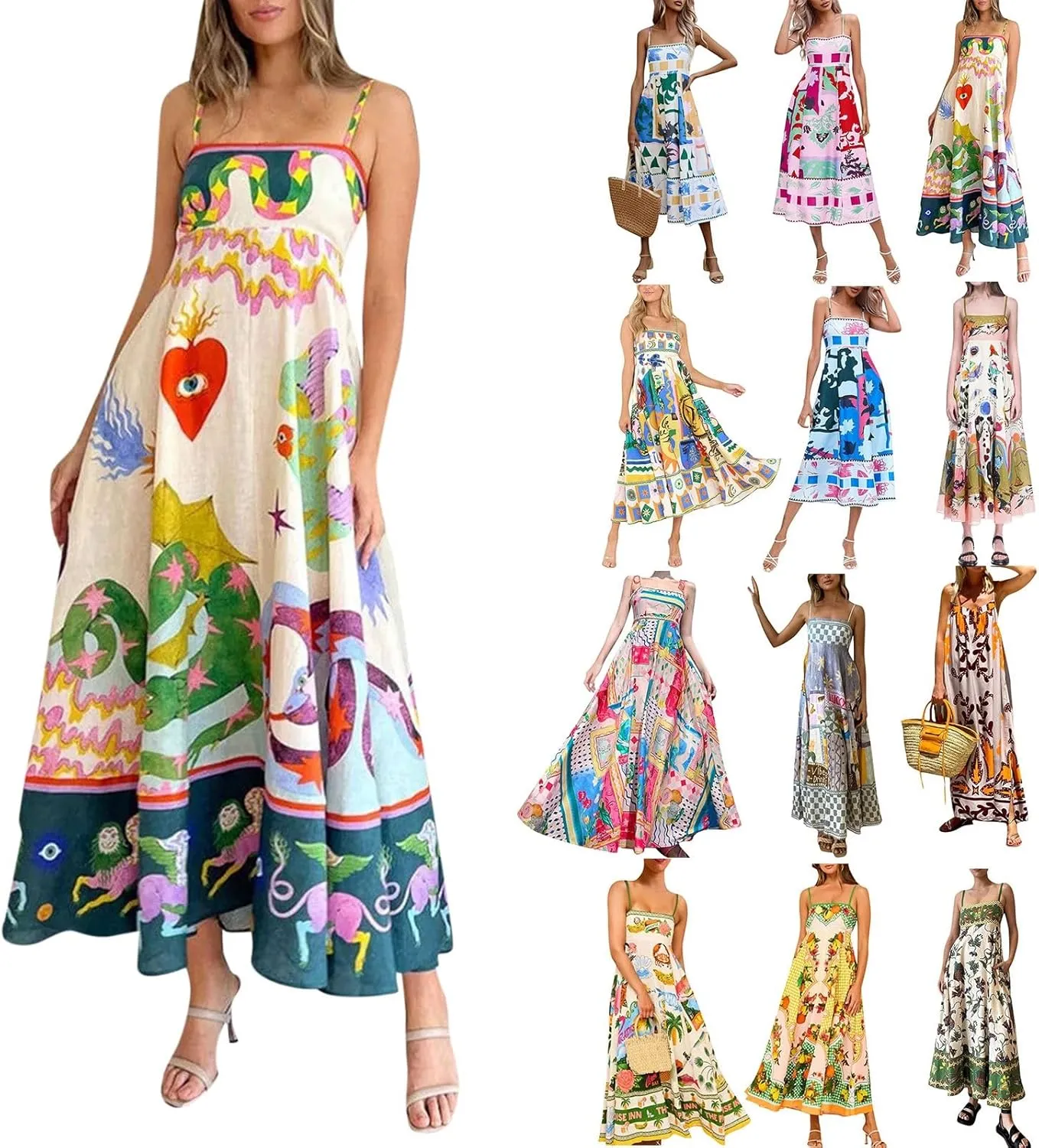 Women Dresses 2025 Cute Print Maxi Cami Dresses Sleeveless Casual Spaghetti Strap Graffiti Dress Vacation Dresses