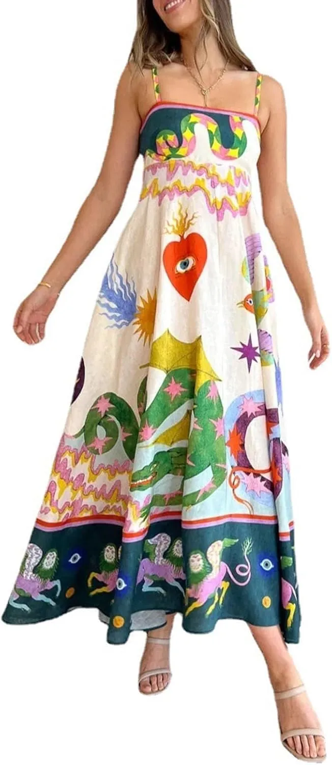 Women Dresses 2025 Cute Print Maxi Cami Dresses Sleeveless Casual Spaghetti Strap Graffiti Dress Vacation Dresses