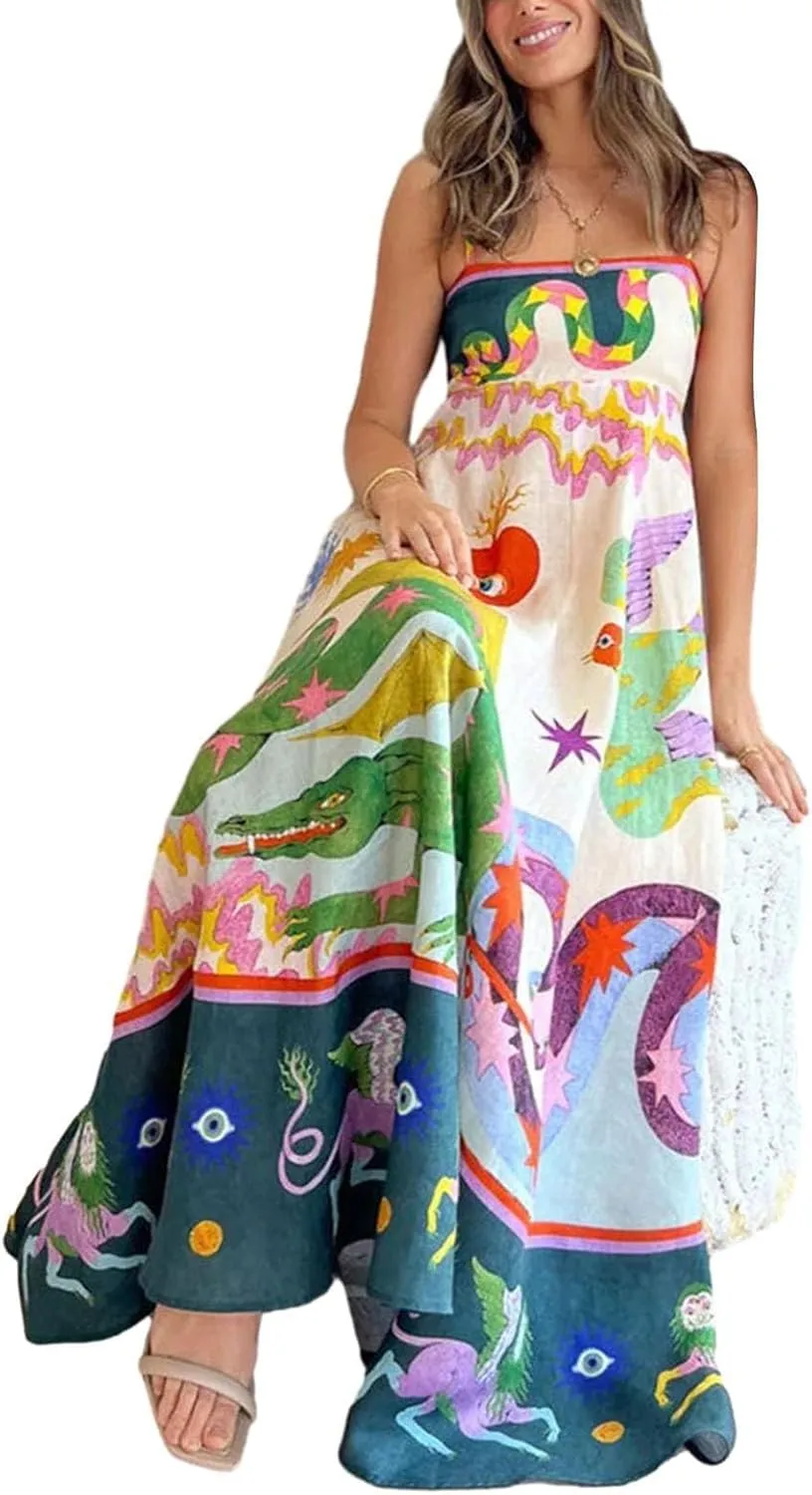 Women Dresses 2025 Cute Print Maxi Cami Dresses Sleeveless Casual Spaghetti Strap Graffiti Dress Vacation Dresses