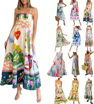 Women Dresses 2025 Cute Print Maxi Cami Dresses Sleeveless Casual Spaghetti Strap Graffiti Dress Vacation Dresses