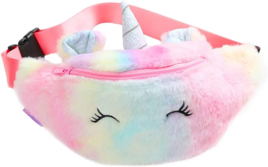Women Girls Kids Fluffy Fuzzy Unicorn Fanny Pack Tie Dye Rainbow Waist Pack Crossbody Purse Chest Bum Belt Bag