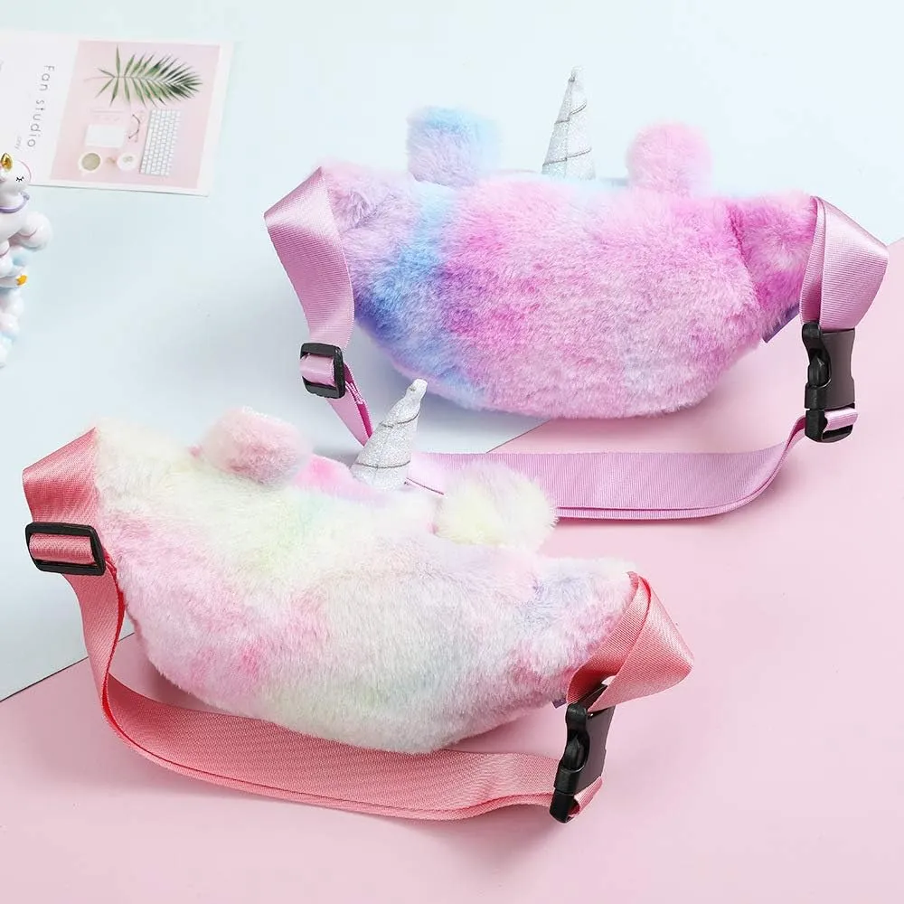 Women Girls Kids Fluffy Fuzzy Unicorn Fanny Pack Tie Dye Rainbow Waist Pack Crossbody Purse Chest Bum Belt Bag