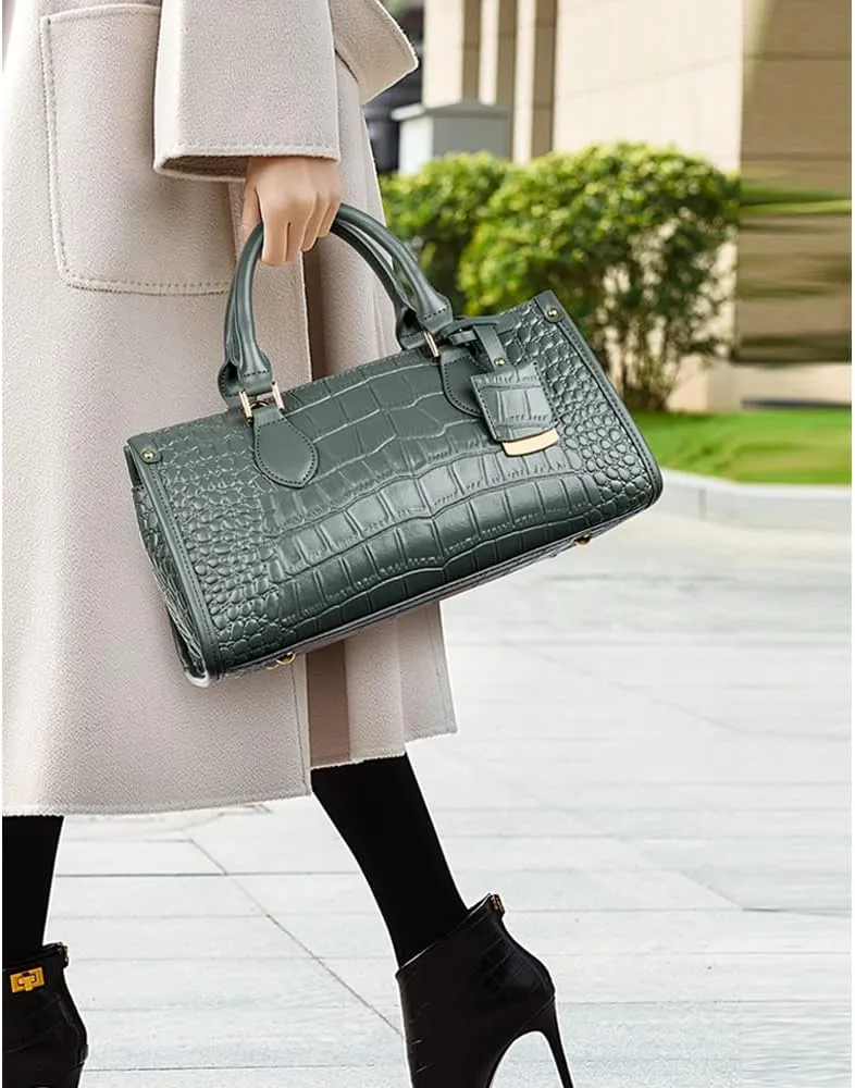 Women Handbags and Purse Crocodile Pattern Leather Top-Handle Handbag Vintage Satchel Bag Long Horizontal Purse Totes