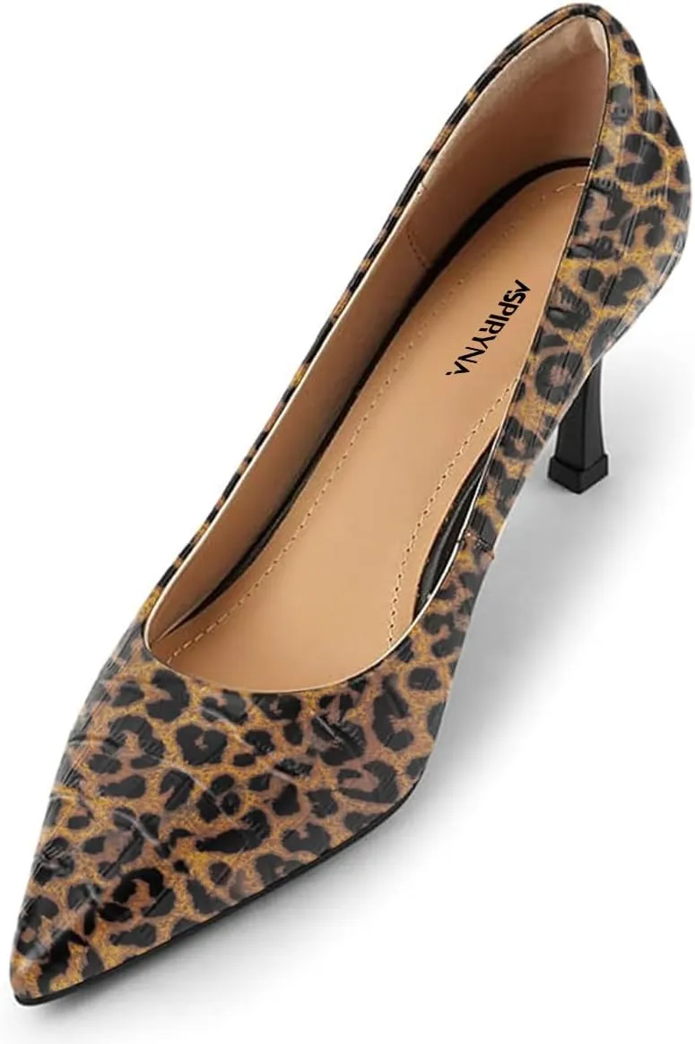 Women Pointed Toe Slip on Crocodile-Embossed Pumps Low Kitten Heel Comfortable Daily Office Party Dress Shoes Size 4-16 US