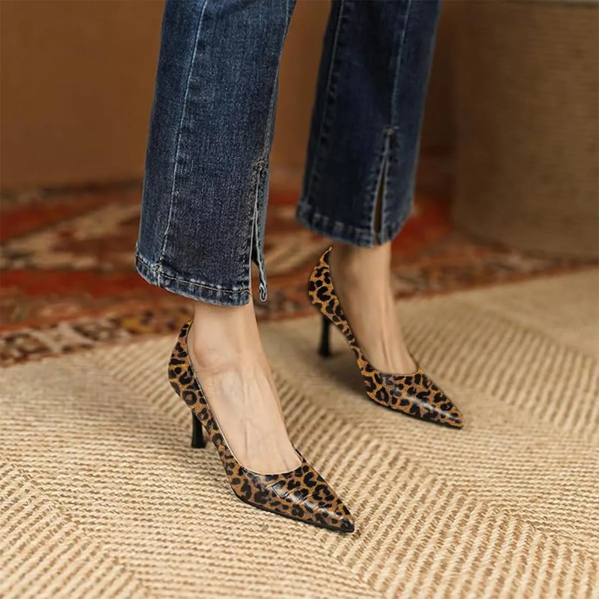 Women Pointed Toe Slip on Crocodile-Embossed Pumps Low Kitten Heel Comfortable Daily Office Party Dress Shoes Size 4-16 US