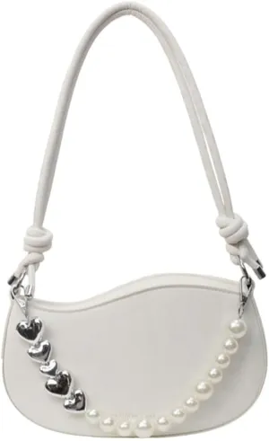 Women PU Leather Crossbody Bag with Pearl Chain Fashion Handbag Shoulder Bag French Styles Armpit Bag for Daily
