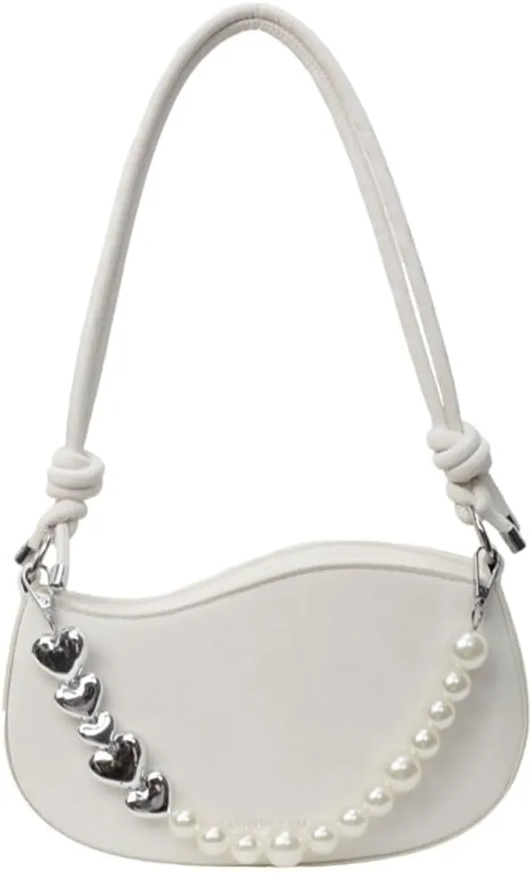 Women PU Leather Crossbody Bag with Pearl Chain Fashion Handbag Shoulder Bag French Styles Armpit Bag for Daily