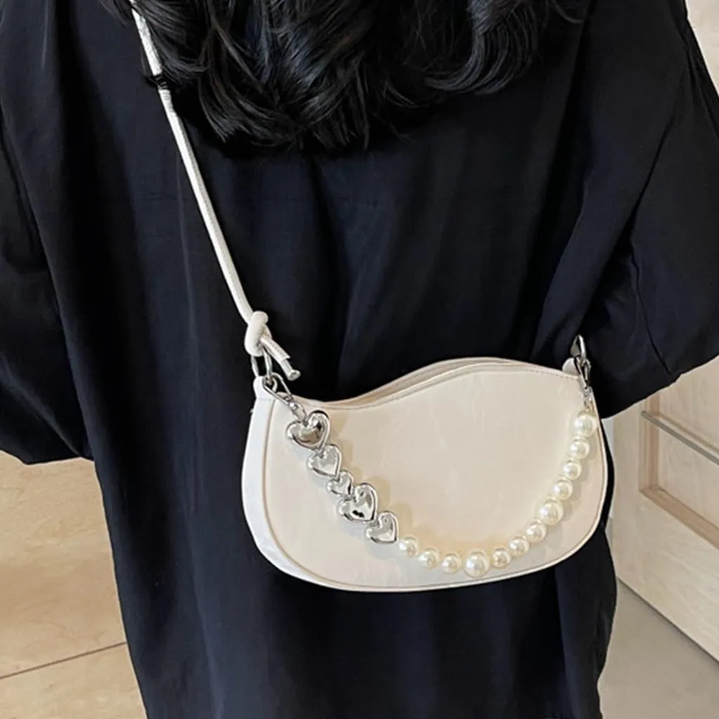 Women PU Leather Crossbody Bag with Pearl Chain Fashion Handbag Shoulder Bag French Styles Armpit Bag for Daily
