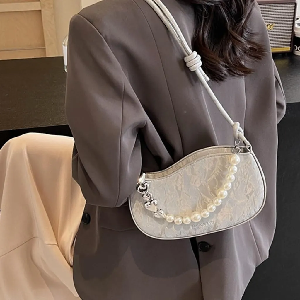 Women PU Leather Crossbody Bag with Pearl Chain Fashion Handbag Shoulder Bag French Styles Armpit Bag for Daily