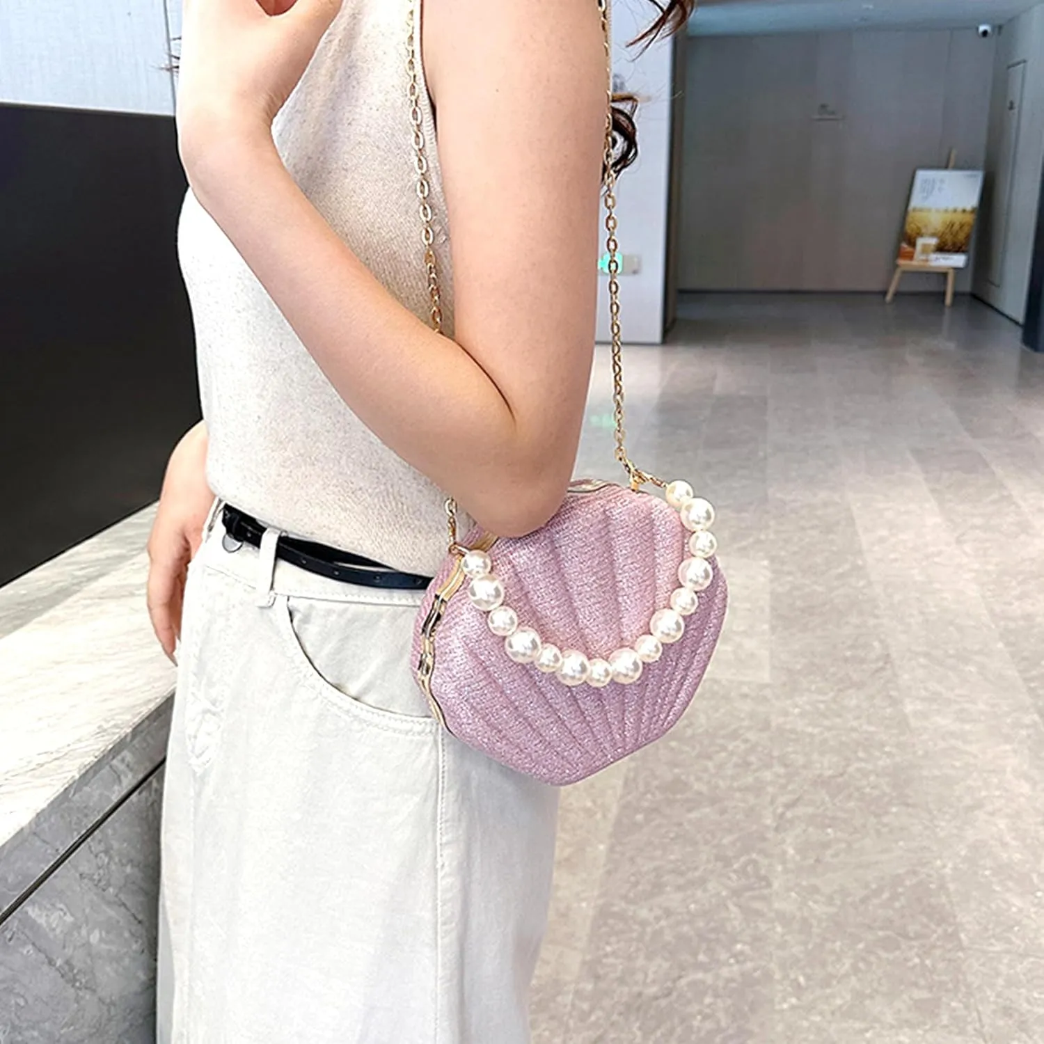 Women Seashell Evening Bag Purse Mermaid Chain Strap Clutch Handbag Shoulder Bag