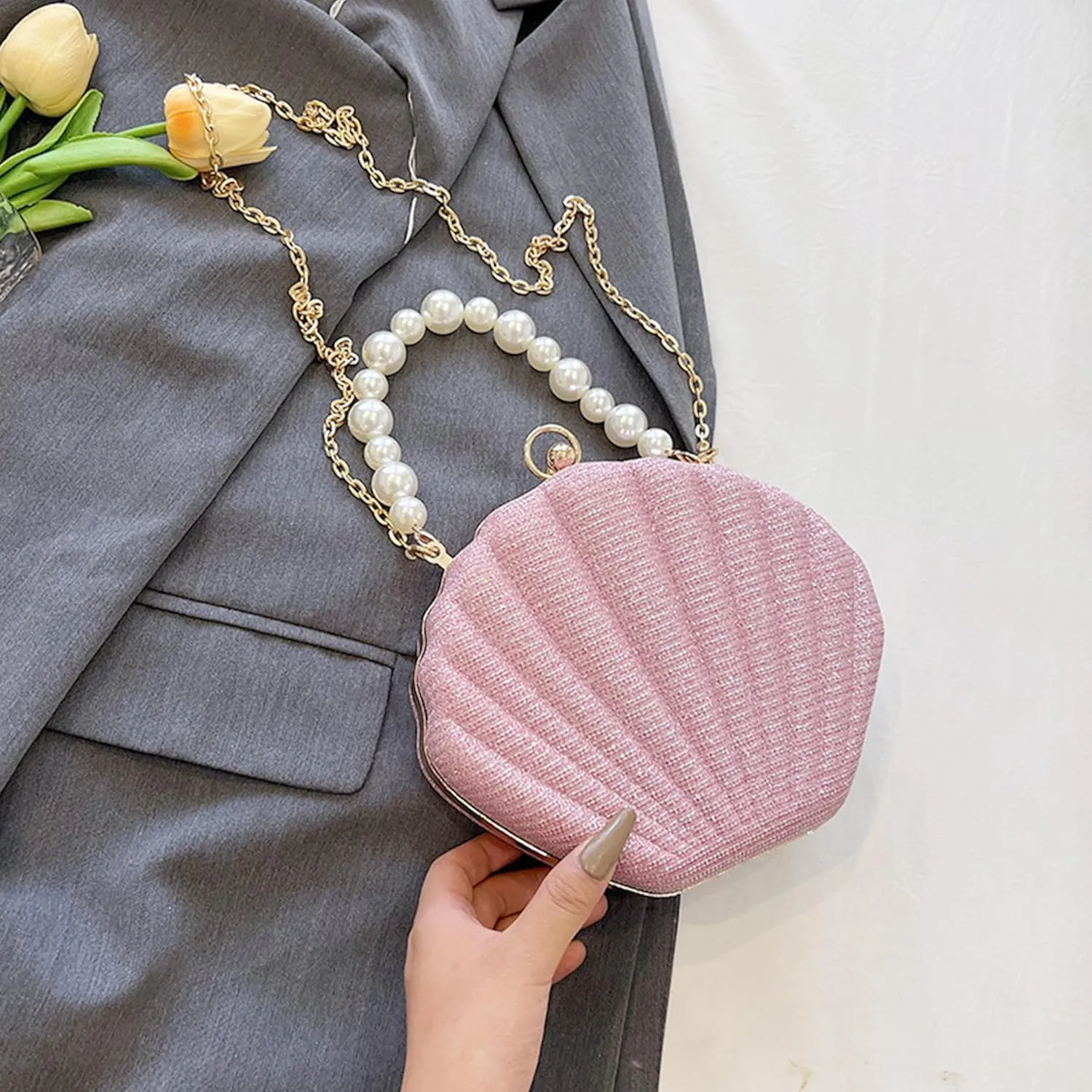 Women Seashell Evening Bag Purse Mermaid Chain Strap Clutch Handbag Shoulder Bag