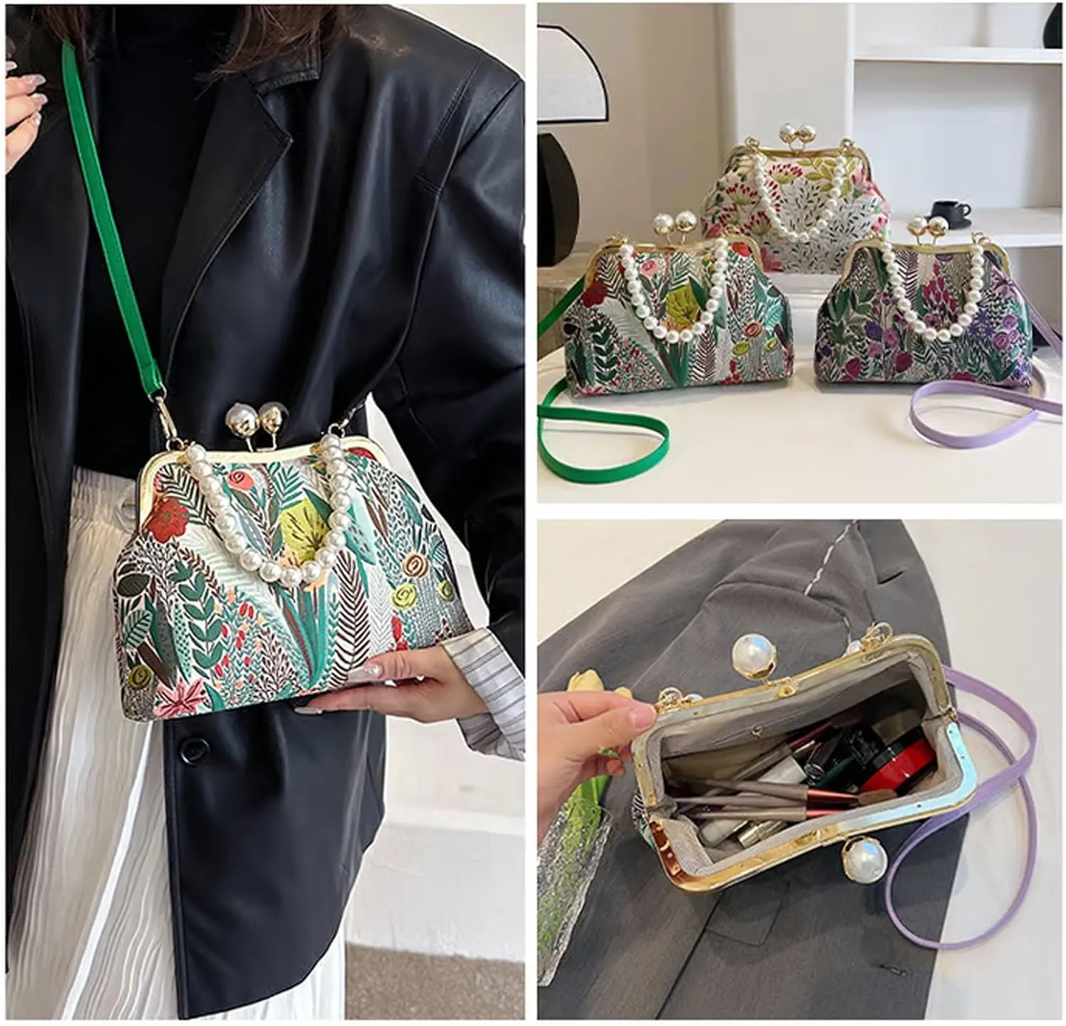Women Vintage Flower Embroidery Handbag,Retro Pearl Chain Crossbody Bag,Chinese Style Lock Pearl Handle Evening Bag