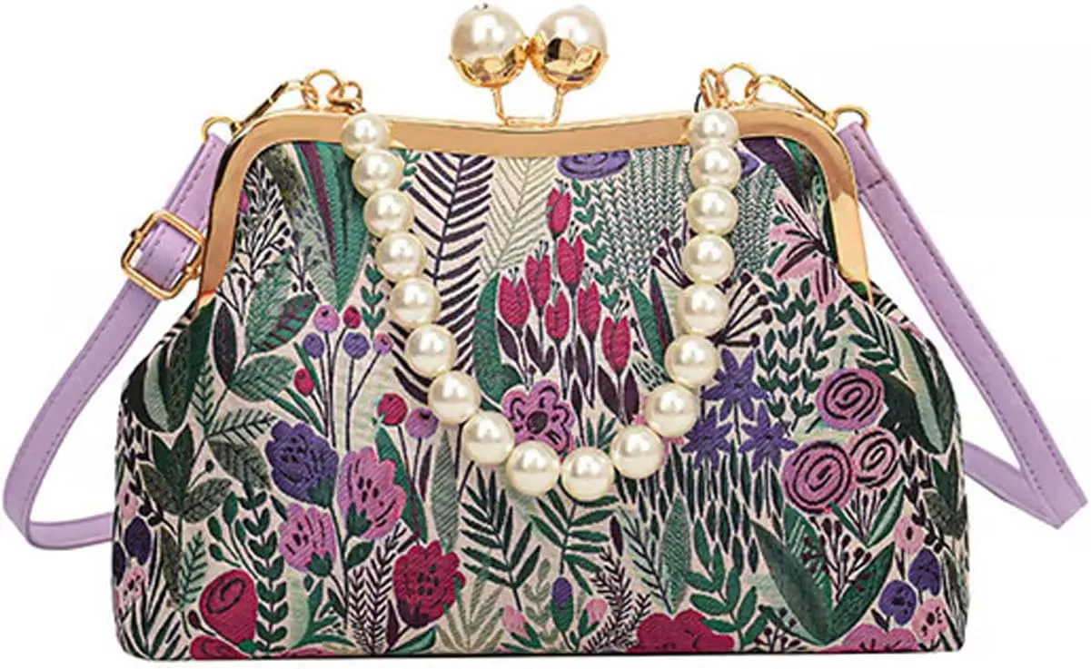 Women Vintage Flower Embroidery Handbag,Retro Pearl Chain Crossbody Bag,Chinese Style Lock Pearl Handle Evening Bag