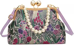 Women Vintage Flower Embroidery Handbag,Retro Pearl Chain Crossbody Bag,Chinese Style Lock Pearl Handle Evening Bag