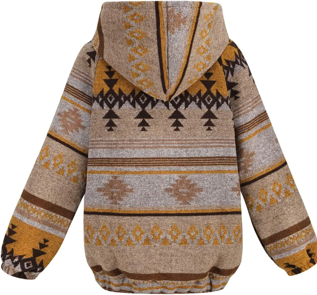 Women's Aztec Print Pattern Western Ethnic Half Zip Long Sleeve Pullover Hoodie Sweatshirt