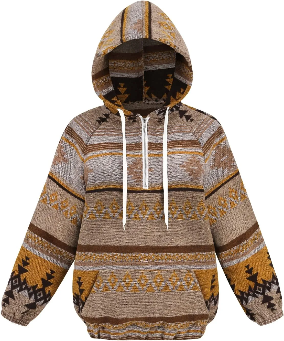 Women's Aztec Print Pattern Western Ethnic Half Zip Long Sleeve Pullover Hoodie Sweatshirt