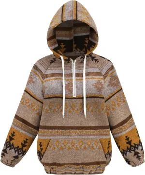 Women's Aztec Print Pattern Western Ethnic Half Zip Long Sleeve Pullover Hoodie Sweatshirt