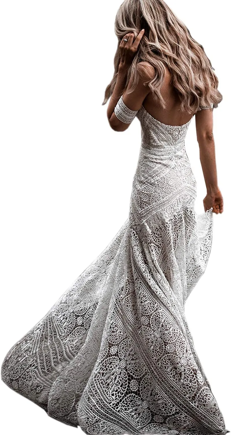 Women's Bohemian Wedding Dresses Sweetheart Mermaid Lace Bridal Gown