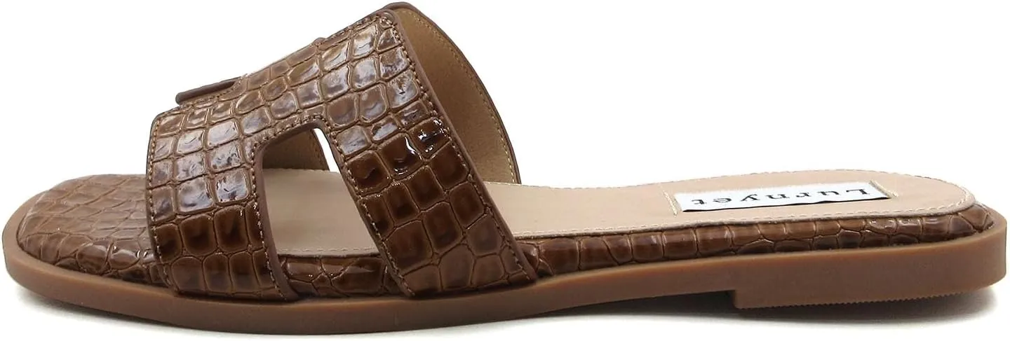 Women's Comfort Cushion Flat Sandal with Crocodile Pattern: Stylish Design Slide, Non-Slip Rubber Sole, Latex Insole for Comfort, Perfect for Parties, Gatherings, Casual Wear, Vacations, and Beach Days