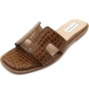 Women's Comfort Cushion Flat Sandal with Crocodile Pattern: Stylish Design Slide, Non-Slip Rubber Sole, Latex Insole for Comfort, Perfect for Parties, Gatherings, Casual Wear, Vacations, and Beach Days