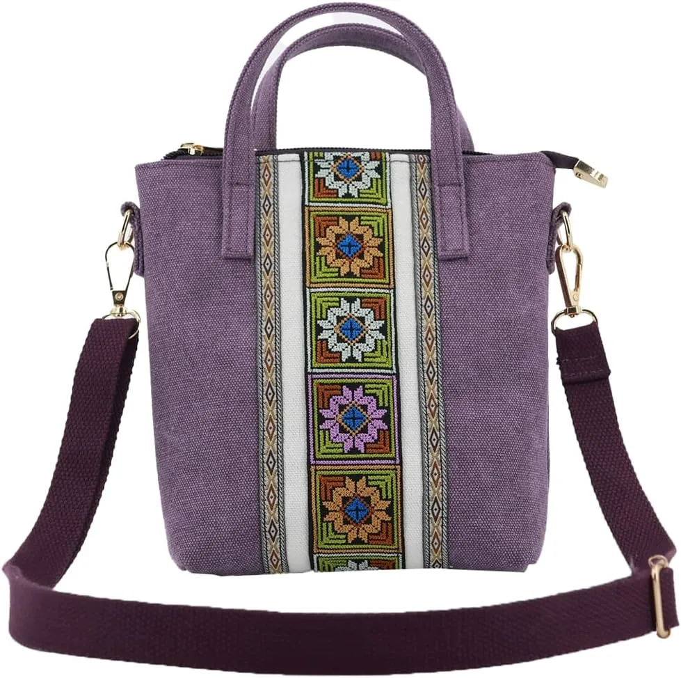 Womens Ethnic Embroidered Crossbody Bag Small Canvas Handbags Phone Pouch Wristlet Bag Coin Shoulder Purse